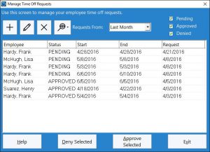 This screen is used by the administrator to manage employee time off requests.