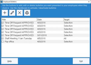 This screen is used to manage messages shows to employees when they punch in or out.