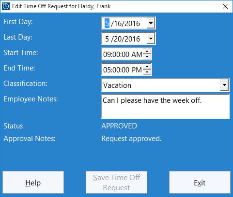 Employees use this screen to add a new time off request or edit an existing one.