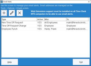 This screen is used by the administrator to manage email alerts.