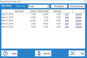 The employee tip diary is used to enter employee tips here as well as view tip diary reports.