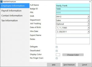 This screen is used to record employee information such as name, date of birth, shift/department, and date of hire.