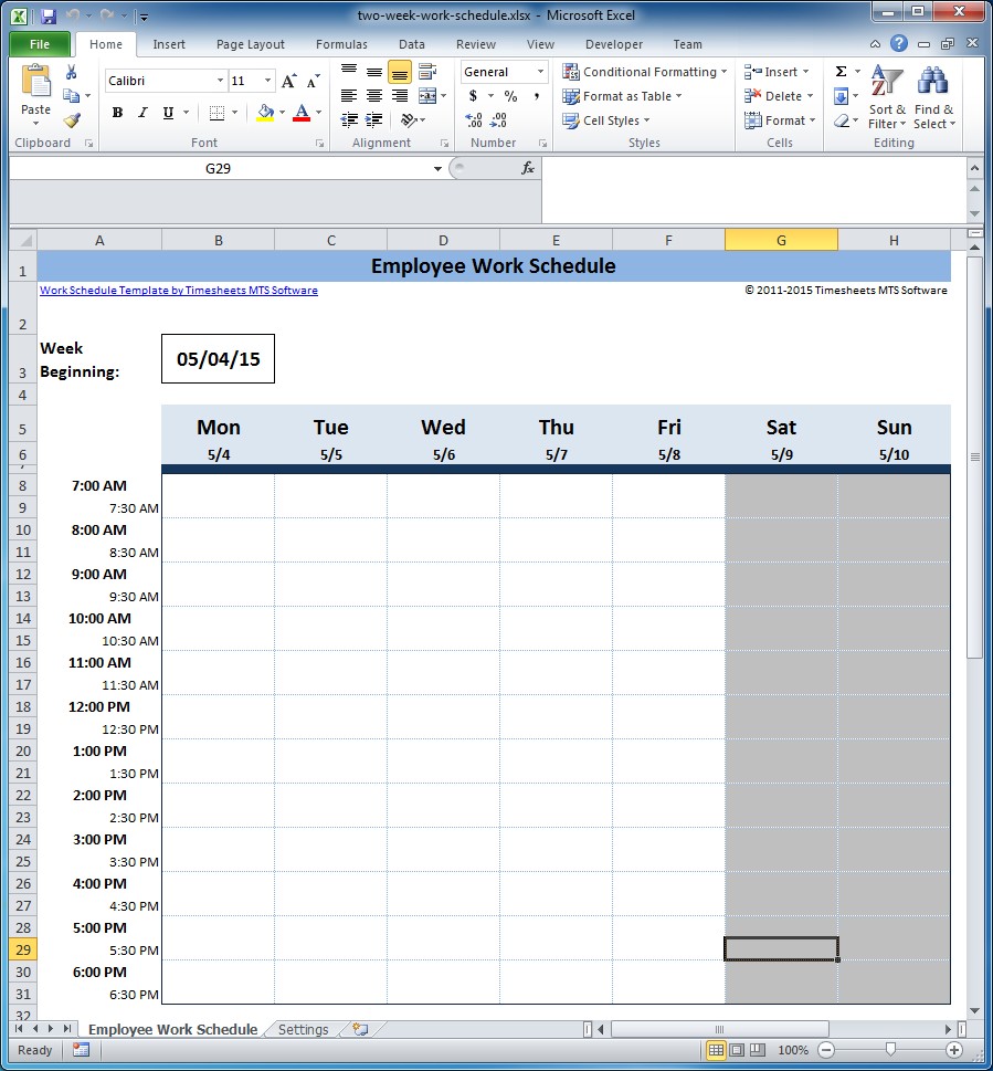 excel two week work schedule