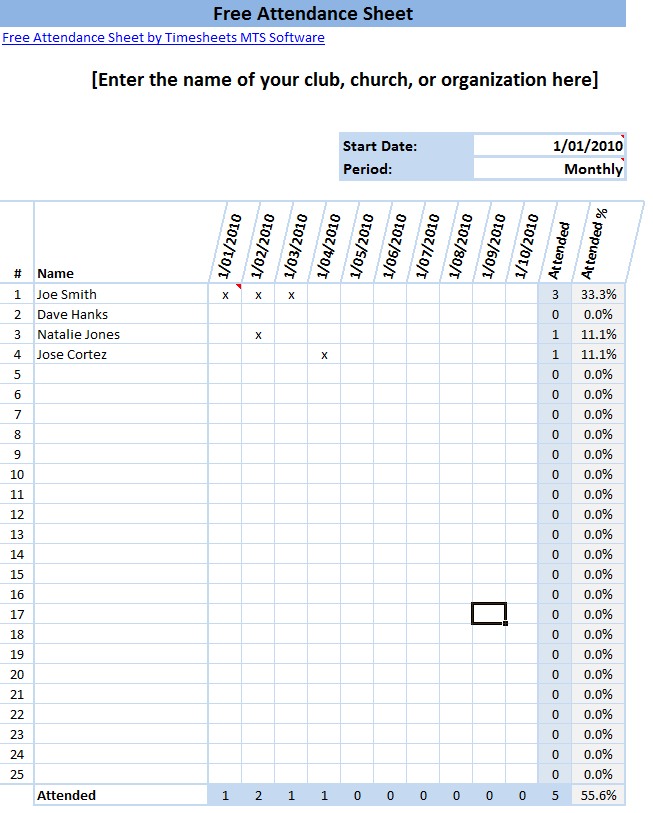 Printable Attendance Sheet Format In Excel Time Clock Mts