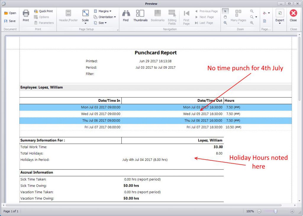 Holiday Hours noted in Payroll Summary Section