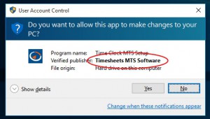 The warning message may vary but the file is safe to open and run if it is signed by Timesheets MTS Software (us!).