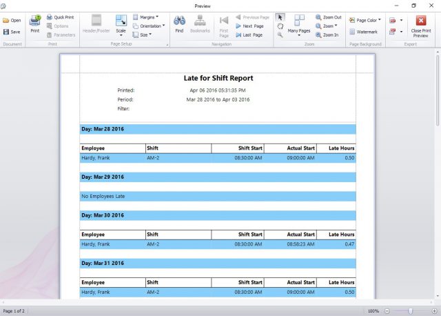 The late for shift report displays all employees that have arrived for work after their designated shift start times.