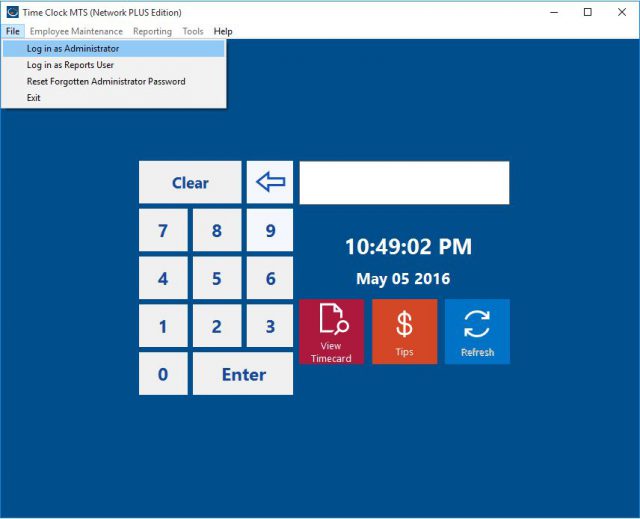 Logging in as Administrator Time Clock MTS