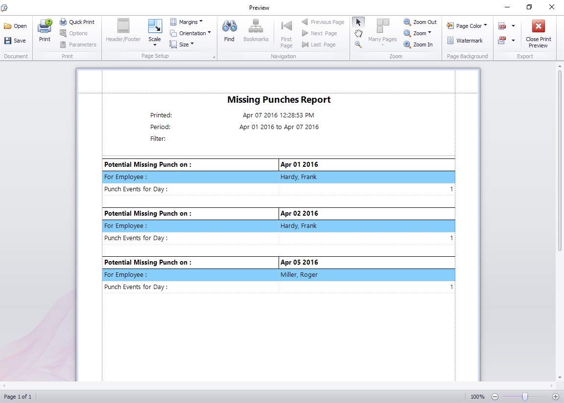 This report shows all days with missing punches during the reporting period.