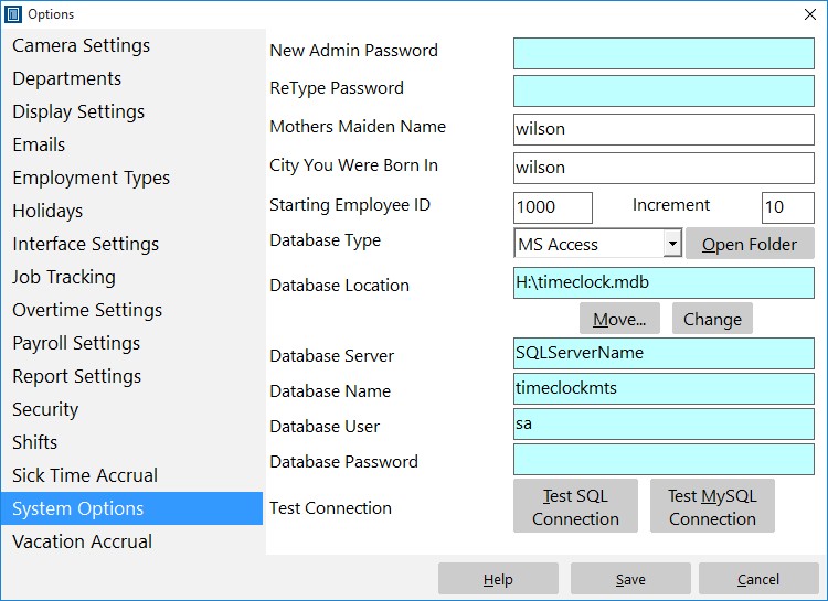 The Time Clock MTS Administrator System Options Screen