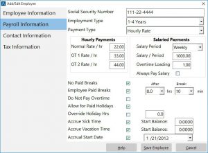 Configure pay rates, overtime, and sick and vacation accrual.