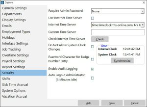 Setup security options here, such as password requirements, time audit logging and use of Internet time servers.