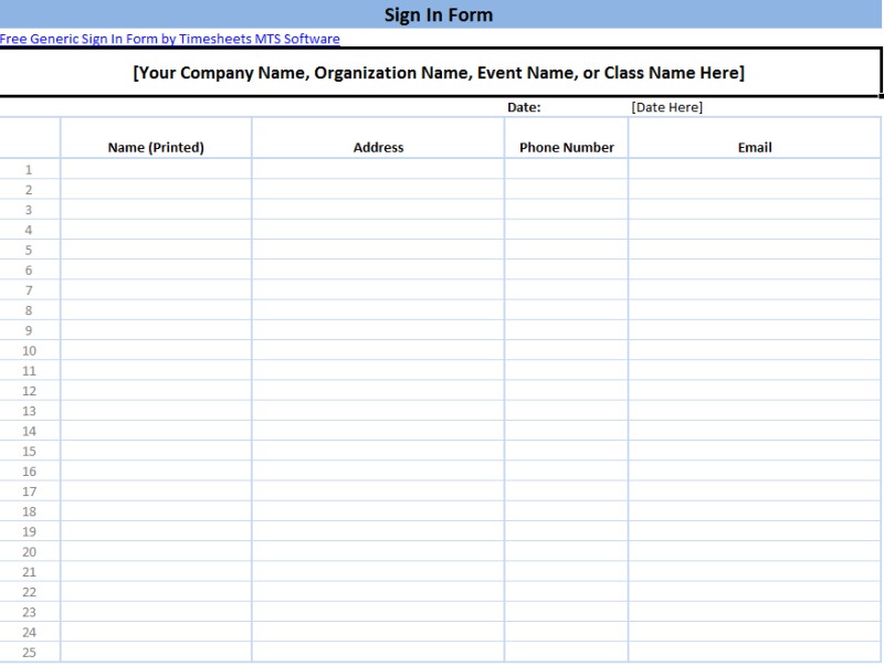 Printable Sign In Sheet Templates