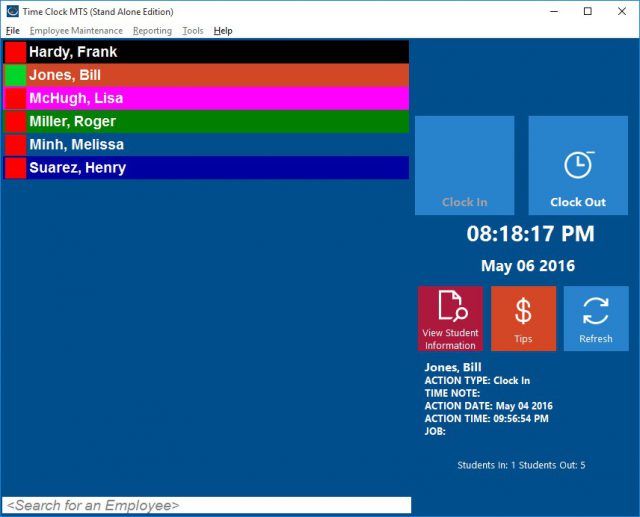 Time Clock MTS configured as school attendance software