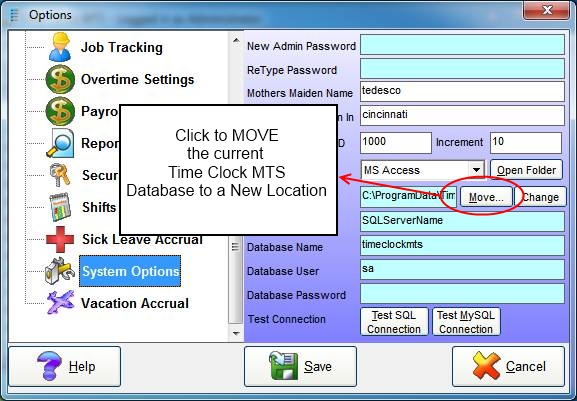 System Options Screen - Moving the Existing Database