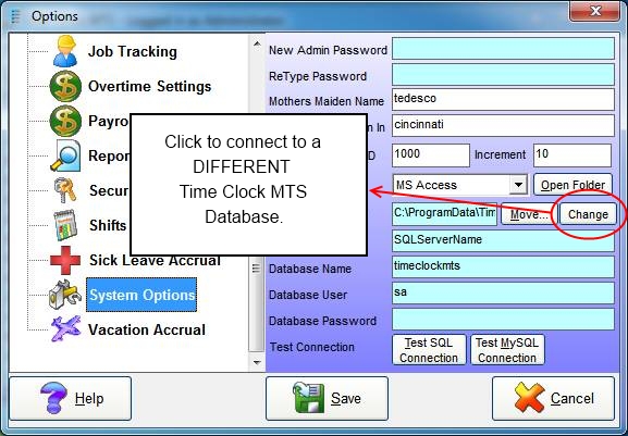 System Options Screen - Connect to a Different Database